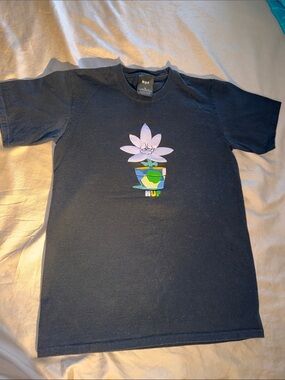 HUF Black Tee with Pastel Flower Pot Graphic